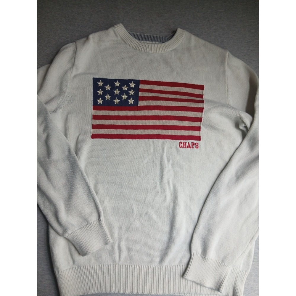 Chaps Flag Sweater Medium Cotton American Preppy Patriotic July 4th Crew Neck